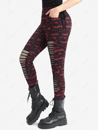 Gothic Halloween Ripped Mesh Panel Pocket Tie Dye Splatter Print Skinny Leggings(3 Days Delivery)