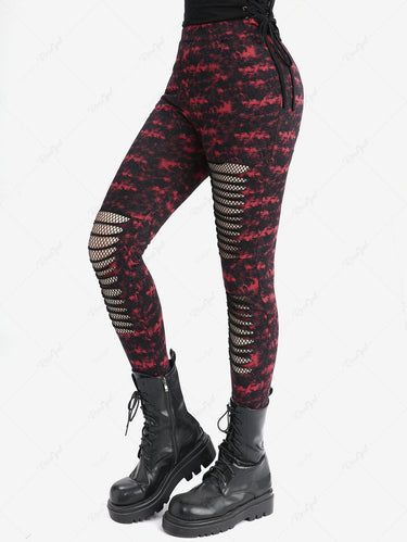 Gothic Halloween Ripped Mesh Panel Pocket Tie Dye Splatter Print Skinny Leggings(3 Days Delivery)