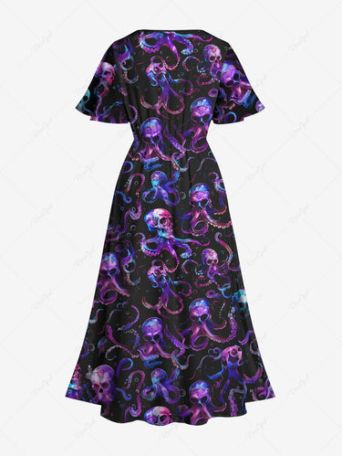 Gothic Plus Size Colorful Ombre Skulls Octopus Print Split Pocket A Line Midi Dress