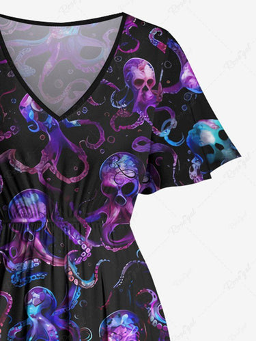 Gothic Plus Size Colorful Ombre Skulls Octopus Print Split Pocket A Line Midi Dress
