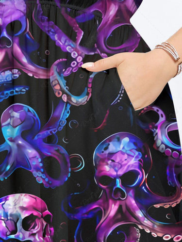 Gothic Plus Size Colorful Ombre Skulls Octopus Print Split Pocket A Line Midi Dress
