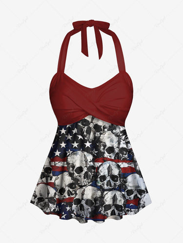 Gothic Plus Size Skull Patriotic American Flag Print Twist Halter Backless Cinched Boyleg Tankini Swimsuit