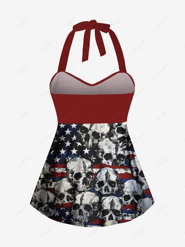 Gothic Plus Size Skull Patriotic American Flag Print Twist Halter Backless Cinched Boyleg Tankini Swimsuit