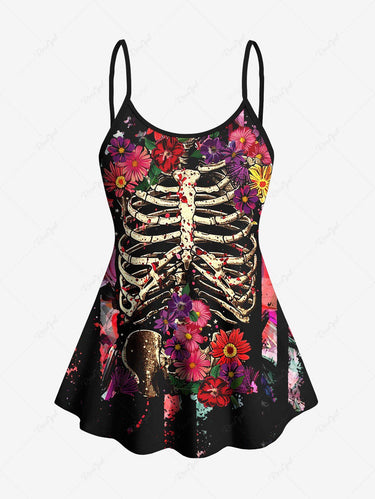 Gothic Plus Size Skeleton Flower Stars Print Boyleg Tankini Swimsuit (Adjustable Shoulder Strap)
