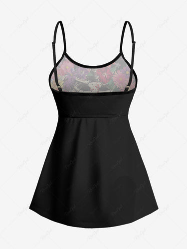 Gothic Plus Size Skeleton Flower Stars Print Boyleg Tankini Swimsuit (Adjustable Shoulder Strap)