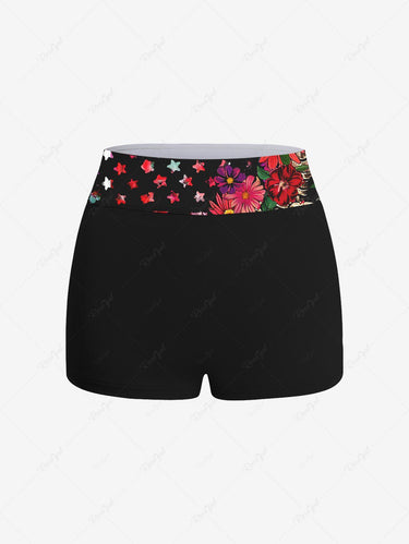 Gothic Plus Size Skeleton Flower Stars Print Boyleg Tankini Swimsuit (Adjustable Shoulder Strap)