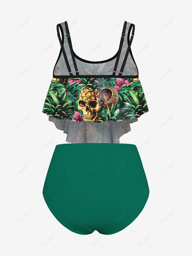 Gothic Plus Size Skulls Pineapple Flowers Print Hawaii Tankini Swimsuit(Adjustable Shoulder Strap)