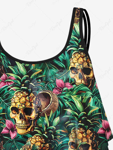 Gothic Plus Size Skulls Pineapple Flowers Print Hawaii Tankini Swimsuit(Adjustable Shoulder Strap)
