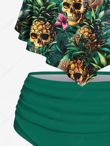 Gothic Plus Size Skulls Pineapple Flowers Print Hawaii Tankini Swimsuit(Adjustable Shoulder Strap)