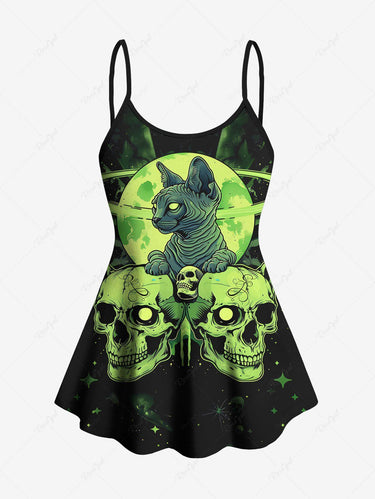 Gothic Plus Size Galaxy Moon Star Skulls Cat Print Boyleg Tankini Swimsuit(Adjustable Shoulder Strap)