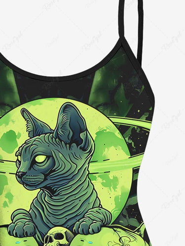 Gothic Plus Size Galaxy Moon Star Skulls Cat Print Boyleg Tankini Swimsuit(Adjustable Shoulder Strap)