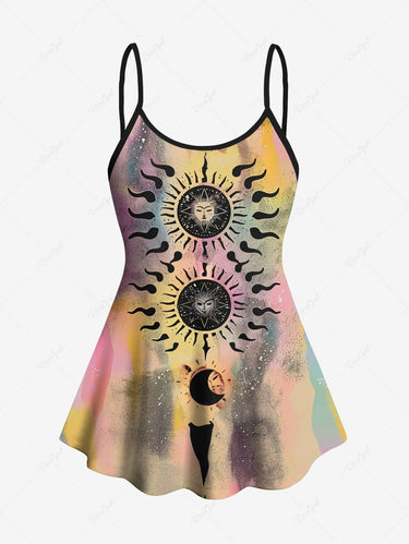 Gothic Plus Size Galaxy Sun Moon Ombre Tie Dye Print Boyleg Tankini Swimsuit(Adjustable Shoulder Strap)