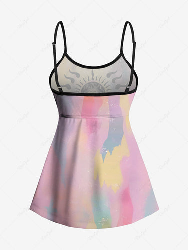 Gothic Plus Size Galaxy Sun Moon Ombre Tie Dye Print Boyleg Tankini Swimsuit(Adjustable Shoulder Strap)
