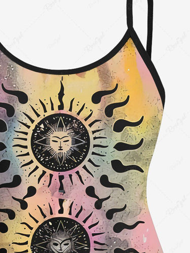 Gothic Plus Size Galaxy Sun Moon Ombre Tie Dye Print Boyleg Tankini Swimsuit(Adjustable Shoulder Strap)