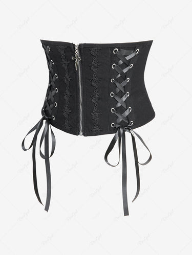 Gothic Plus Size Lace Up Grommets Rose Flower Trim Cross Zipper Corset