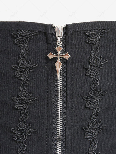 Gothic Plus Size Lace Up Grommets Rose Flower Trim Cross Zipper Corset