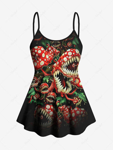Gothic Plus Size Piranha Plant Mushroom Print Boyleg Tankini Swimsuit (Adjustable Shoulder Strap)