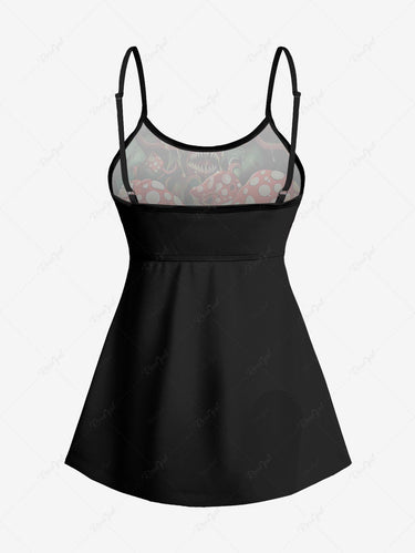 Gothic Plus Size Piranha Plant Mushroom Print Boyleg Tankini Swimsuit (Adjustable Shoulder Strap)