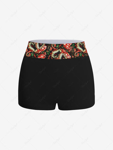 Gothic Plus Size Piranha Plant Mushroom Print Boyleg Tankini Swimsuit (Adjustable Shoulder Strap)