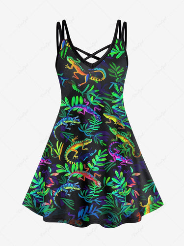 Gothic Plus Size Colorful Gecko Leaf Print Crisscross A Line Cami Dress