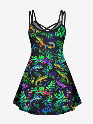 Gothic Plus Size Colorful Gecko Leaf Print Crisscross A Line Cami Dress