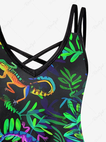 Gothic Plus Size Colorful Gecko Leaf Print Crisscross A Line Cami Dress