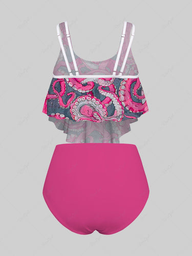 Gothic Plus Size Octopus Print Peplum Hem Backless Tankini Swimsuit (Adjustable Shoulder Strap)