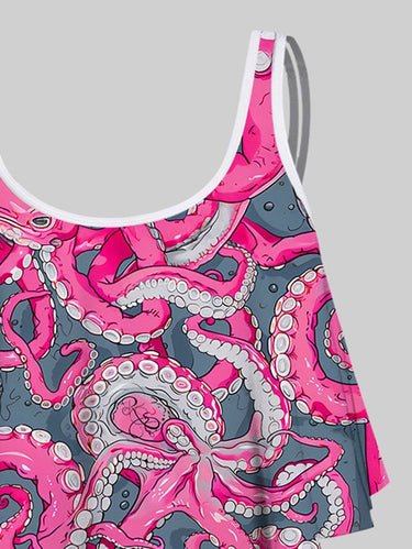 Gothic Plus Size Octopus Print Peplum Hem Backless Tankini Swimsuit (Adjustable Shoulder Strap)