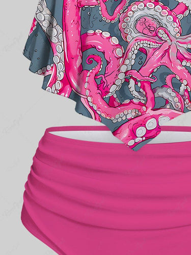 Gothic Plus Size Octopus Print Peplum Hem Backless Tankini Swimsuit (Adjustable Shoulder Strap)