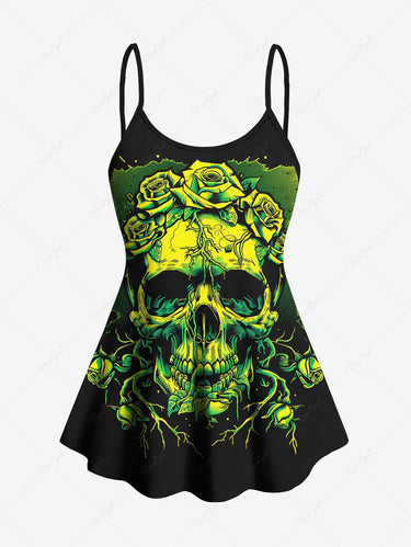 Gothic Plus Size Skull Branch Rose Flower Print Boyleg Tankini Swimsuit (Adjustable Shoulder Strap)