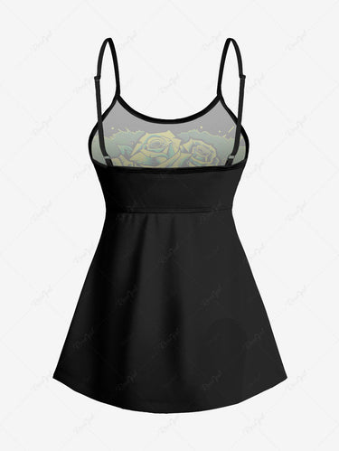 Gothic Plus Size Skull Branch Rose Flower Print Boyleg Tankini Swimsuit (Adjustable Shoulder Strap)