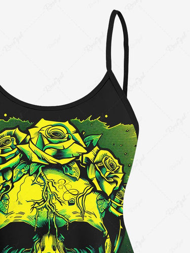 Gothic Plus Size Skull Branch Rose Flower Print Boyleg Tankini Swimsuit (Adjustable Shoulder Strap)