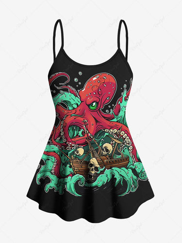 Gothic Plus Size Skull Boat Octopus Print Boyleg Tankini Swimsuit (Adjustable Shoulder Strap)