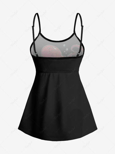 Gothic Plus Size Skull Boat Octopus Print Boyleg Tankini Swimsuit (Adjustable Shoulder Strap)