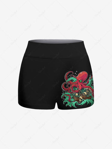 Gothic Plus Size Skull Boat Octopus Print Boyleg Tankini Swimsuit (Adjustable Shoulder Strap)