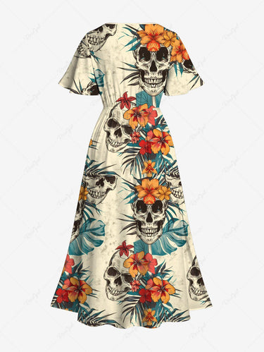 Gothic Plus Size Tropical Leaf Skulls Hibiscus Flowers Print Hawaii Split Midi Dress