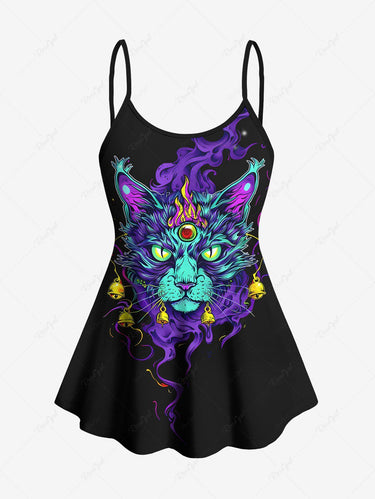 Gothic Plus Size Smoking Cat Bell Print Boyleg Tankini Swimsuit (Adjustable Shoulder Strap)