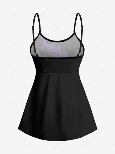 Gothic Plus Size Smoking Cat Bell Print Boyleg Tankini Swimsuit (Adjustable Shoulder Strap)