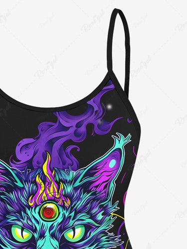 Gothic Plus Size Smoking Cat Bell Print Boyleg Tankini Swimsuit (Adjustable Shoulder Strap)