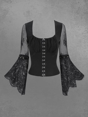 Gothic Flare Sleeve Floral Lace Panel Ruched Bust Hook and Eye Top (3 Days Delivery)