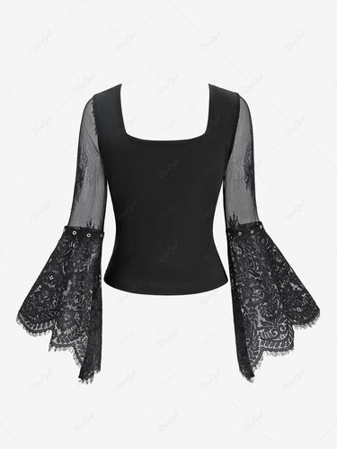 Gothic Flare Sleeve Floral Lace Panel Ruched Bust Hook and Eye Top (3 Days Delivery)