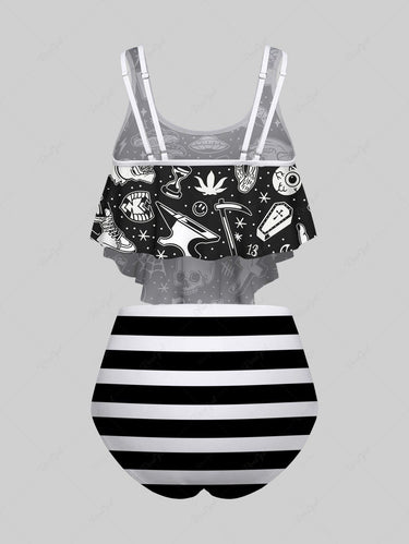 Gothic Plus Size Skull Cross Bone Shoes Mushroom Striped Print Peplum Hem Backless Tankini Swimsuit (Adjustable Shoulder Strap)
