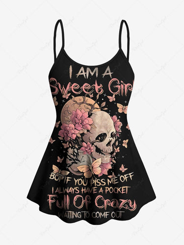 Gothic Plus Size Skull Floral Butterfly Moon Letters Print Boyleg Tankini Swimsuit (Adjustable Shoulder Strap)