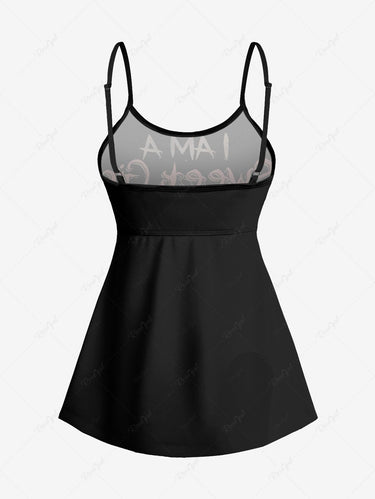 Gothic Plus Size Skull Floral Butterfly Moon Letters Print Boyleg Tankini Swimsuit (Adjustable Shoulder Strap)