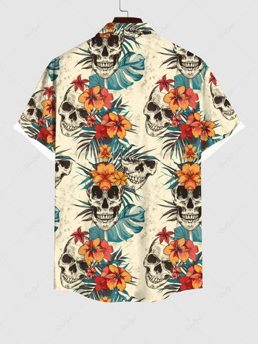 Gothic Plus Size Distressed Skull Floral Tropical Coconut Leaves Print Hawaii Button Pocket Shirt For Men