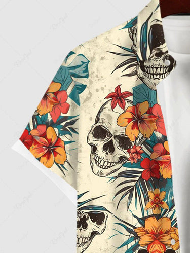 Gothic Plus Size Distressed Skull Floral Tropical Coconut Leaves Print Hawaii Button Pocket Shirt For Men