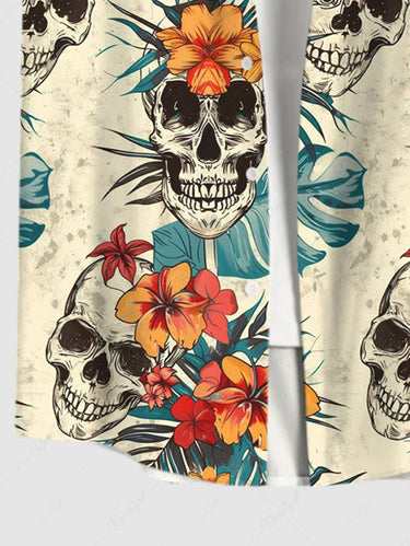 Gothic Plus Size Distressed Skull Floral Tropical Coconut Leaves Print Hawaii Button Pocket Shirt For Men