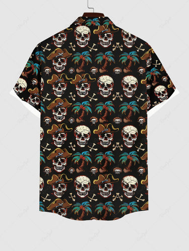 Gothic Plus Size Skull Pirate Coconut Tree Bone Print Hawaii Button Pocket Shirt For Men