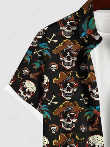 Gothic Plus Size Skull Pirate Coconut Tree Bone Print Hawaii Button Pocket Shirt For Men