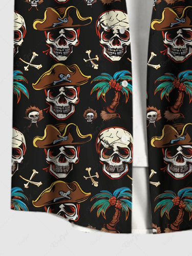 Gothic Plus Size Skull Pirate Coconut Tree Bone Print Hawaii Button Pocket Shirt For Men
